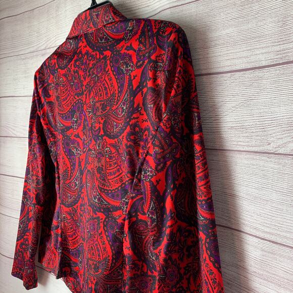 Vintage Blair Red Paisley Button Up Blouse Long Sleeve V-Neck Size 12P - Picture 15 of 15